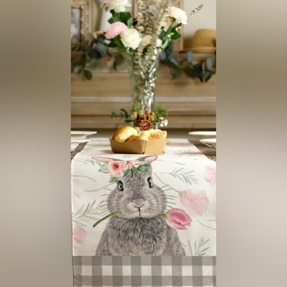 Easter Spring Rabbit Pink Floral Gray Plaid Cream Burlap Reversible Table Runner - Picture 3 of 3